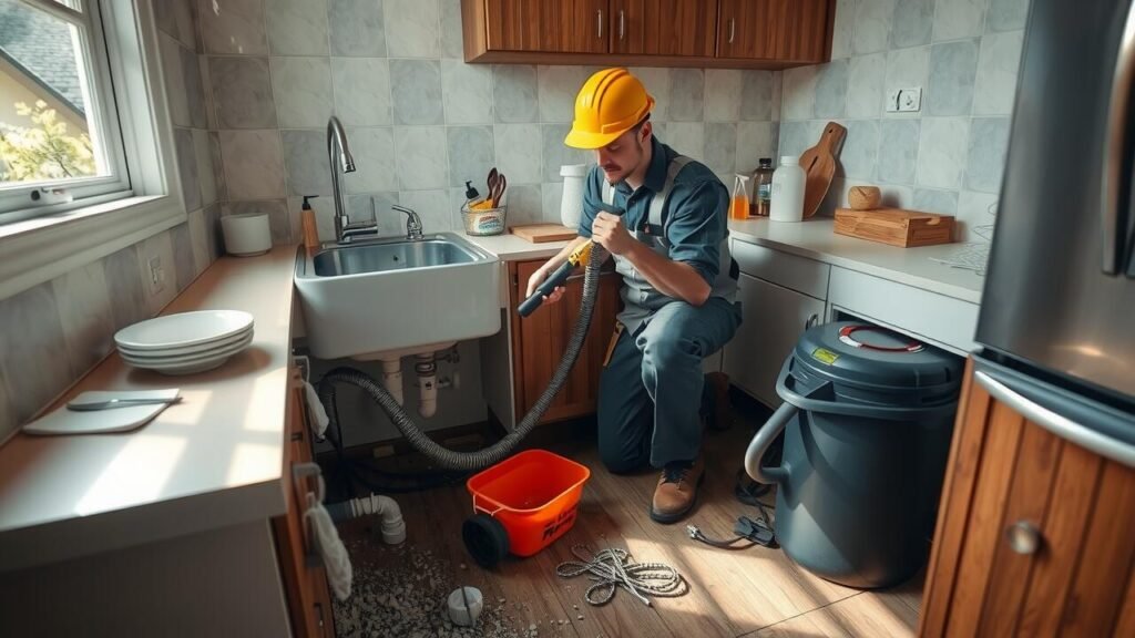 A residential drain clog being cleared with a plumbing snake.