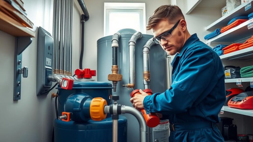 Plumbing technician in uniform installing a new water heater.