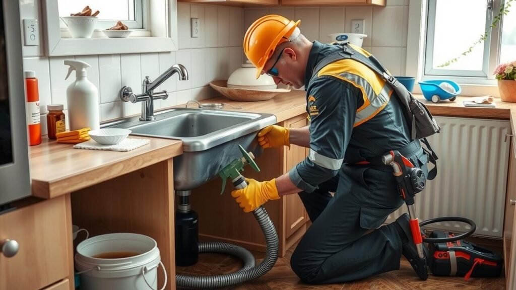 A residential drain clog being cleared with a plumbing snake.