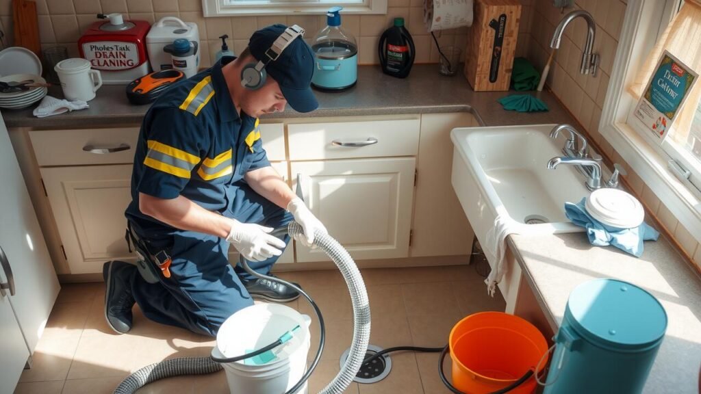 A residential drain clog being cleared with a plumbing snake.